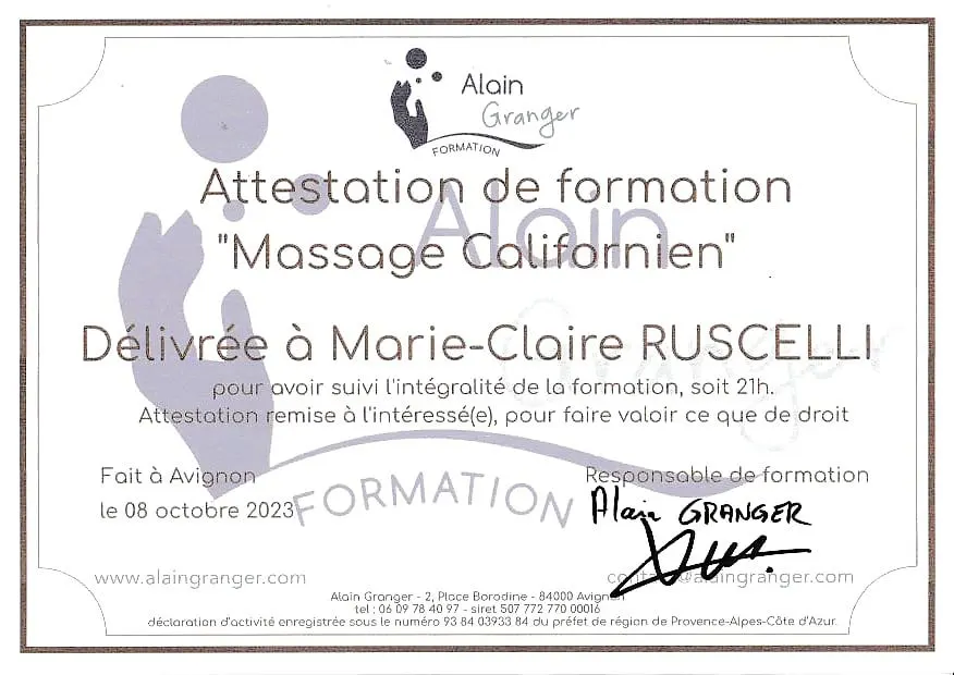 Certificat Massage Californien